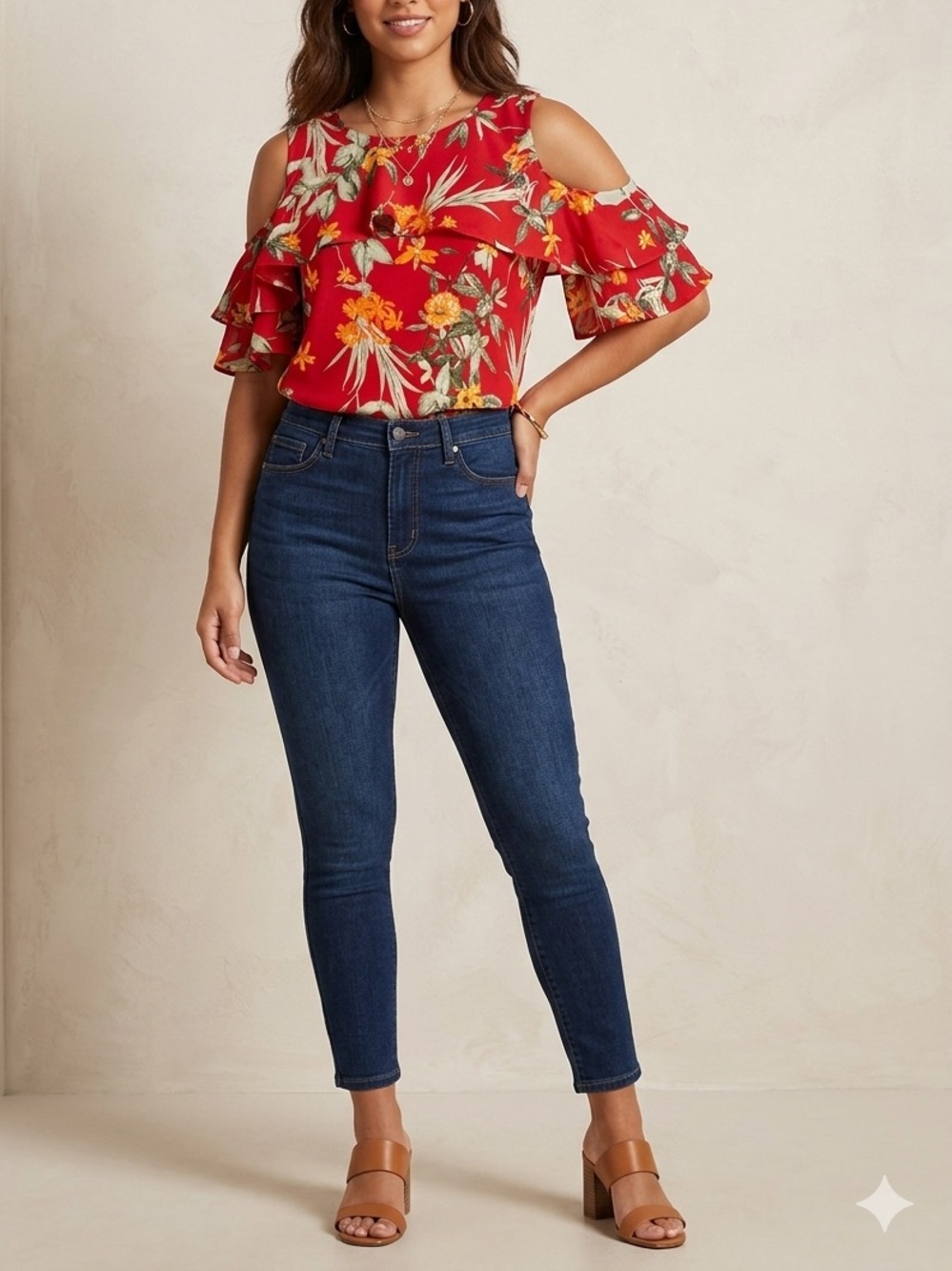 ✨ LIZ CLAIBORNE Women’s Floral Cold Shoulder Blouse 🌸 Red Ruffle Sleeve Top❤️